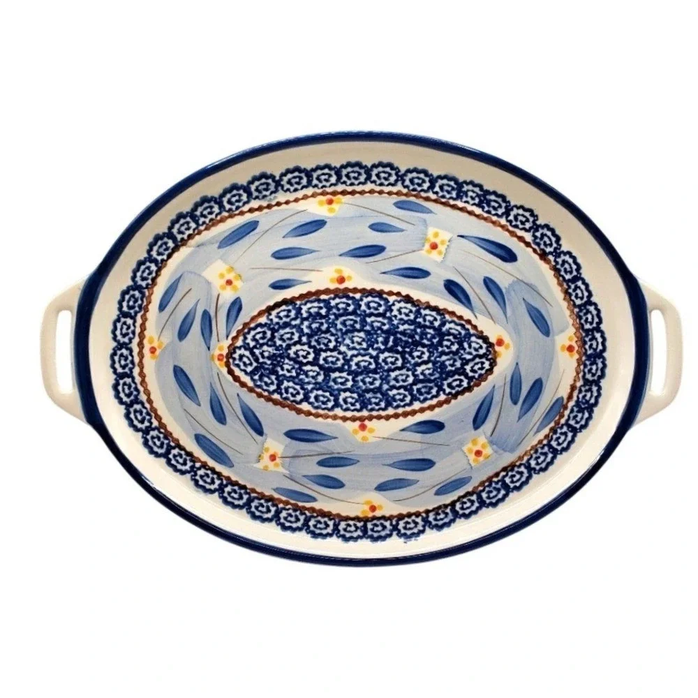 Temptations Hand Painted Oval Platter Ceramic Blue Floral Design with Handles‎